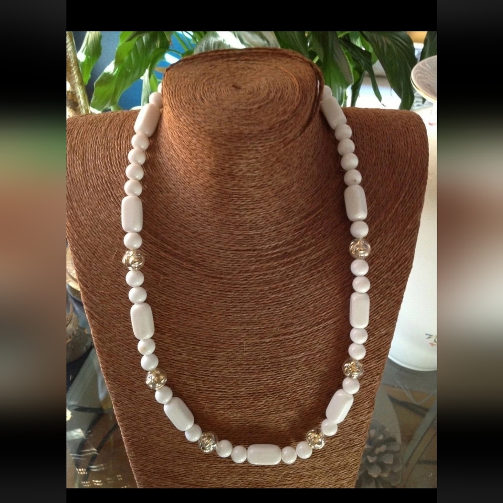 Beaded Necklace Women's Costume Jewelry 24" White & Gold Embellished